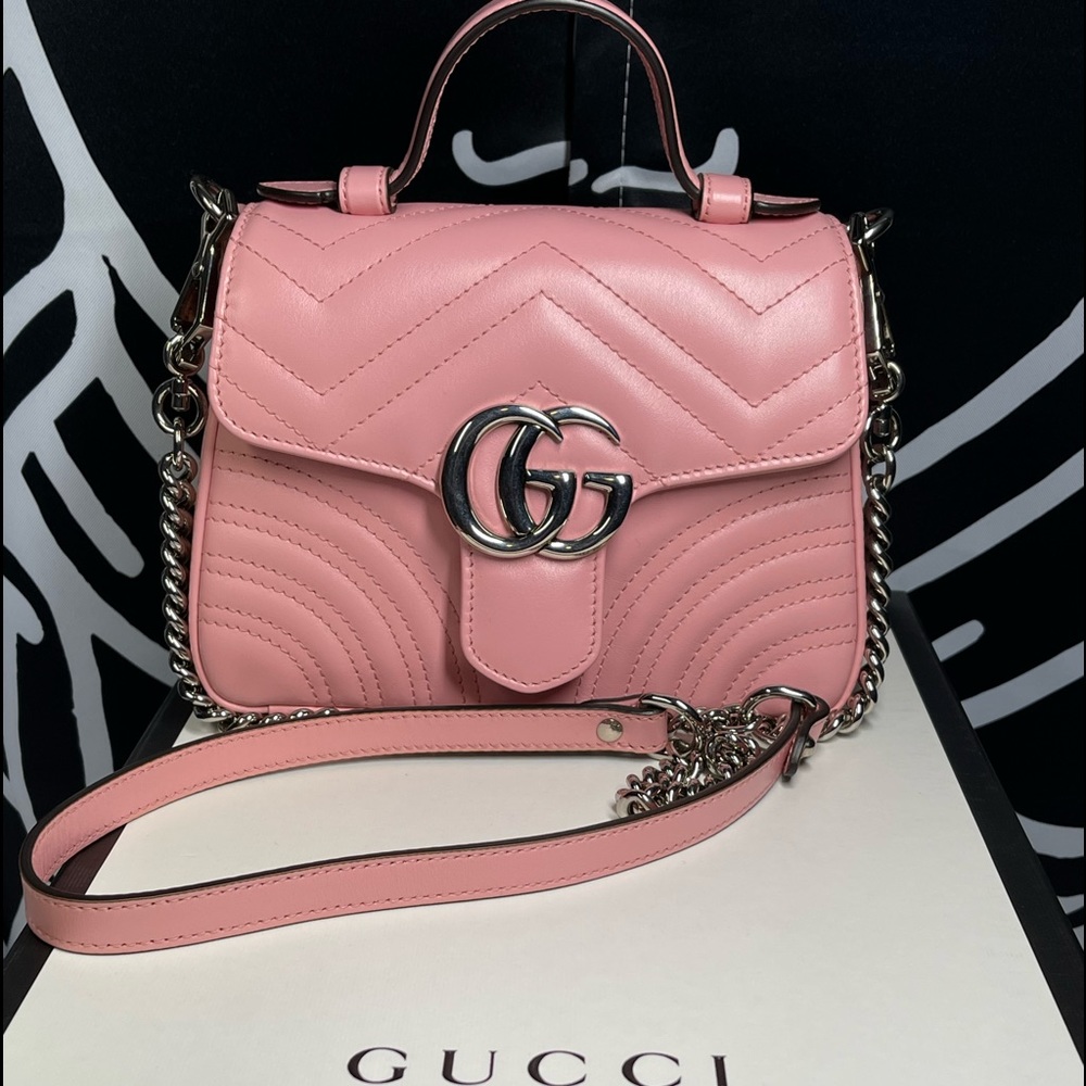 Gucci Gg Marmont Matelasse Pink Silver Chain Super Mini Shoulder Bag Purse